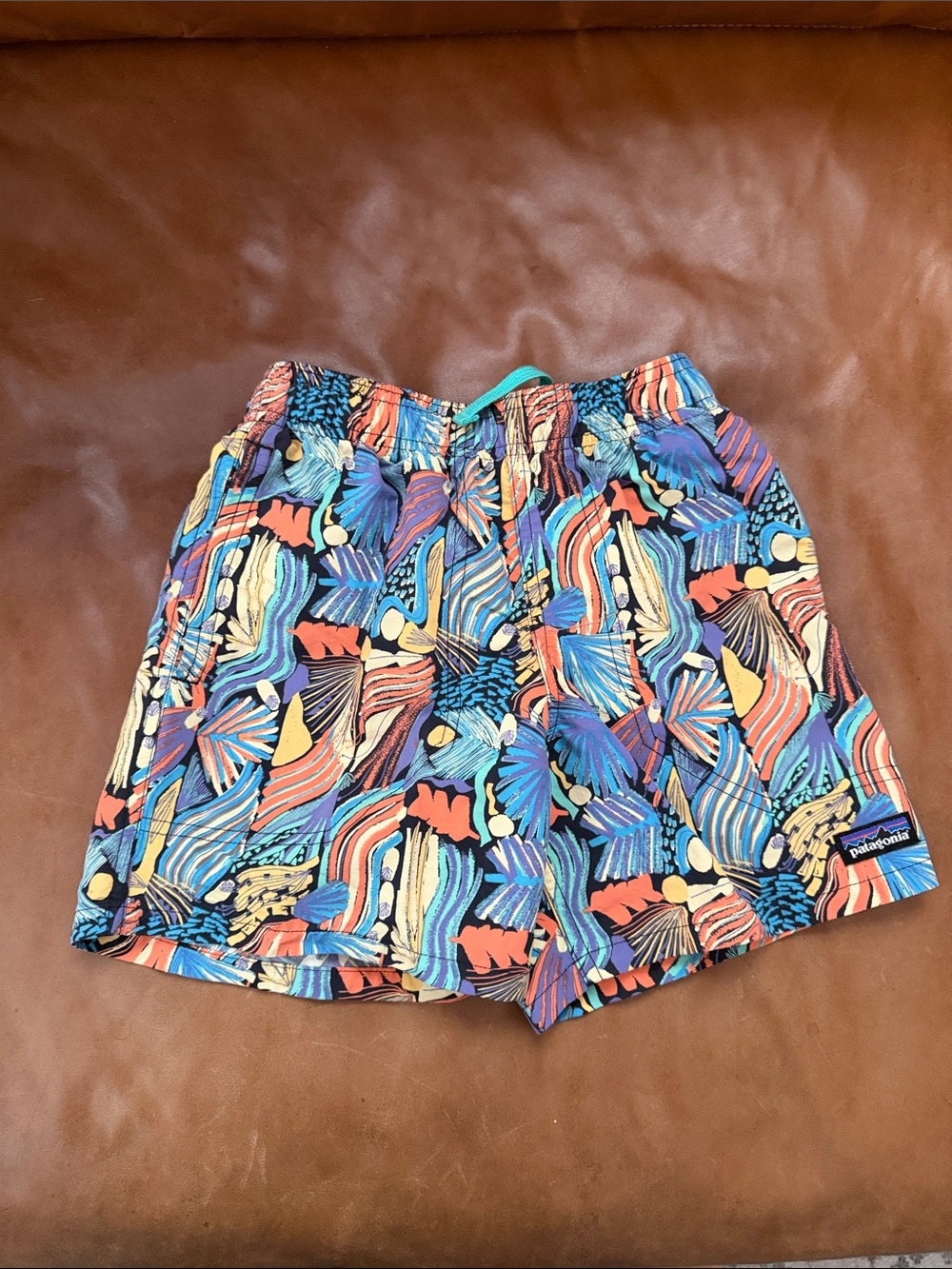 Patagonia Boy’s Tropical Print Shorts — Blue, Orange, Yellow, Purple, Black